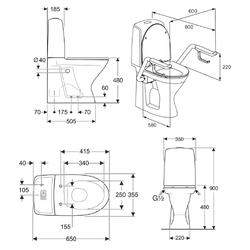 Ifo Spira 6261 Toilet with Pressalit Matt Black Double Flap Seat, Support Arms & Nurse Call RH