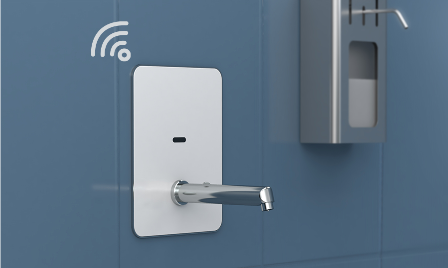 In-situ image of Galvin Engineering's new CMV2 tap installed on a blue tiled wall emitting wifi signals. 