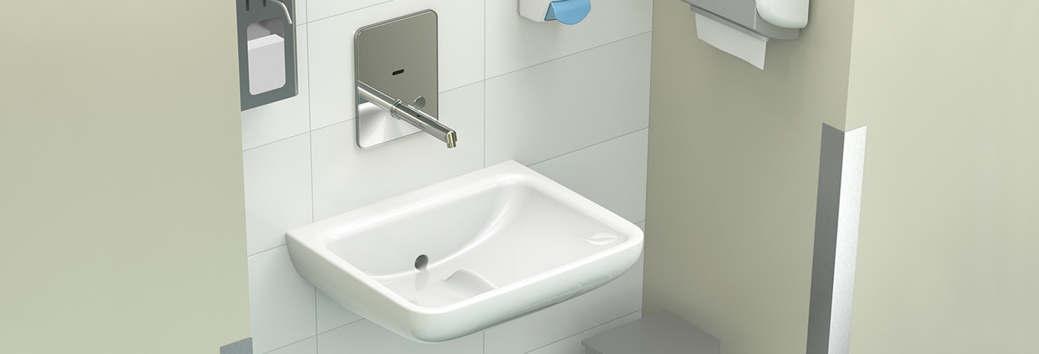 Hospital corridor wash station with GalvinAssist Contour 21 Basin