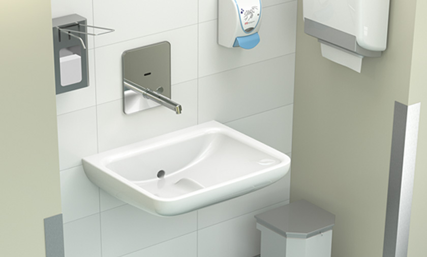 Hospital corridor wash station with GalvinAssist Contour 21 Basin