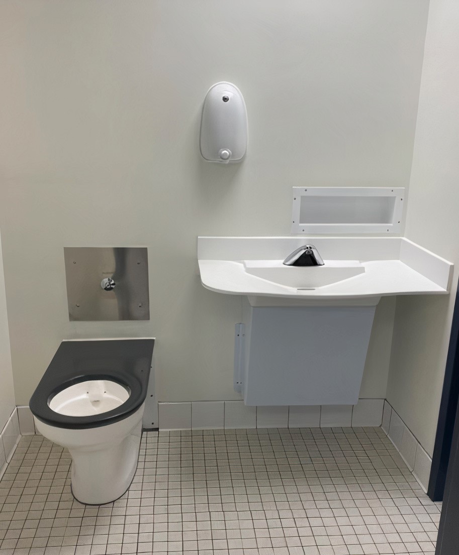 Interior of Valleywise Health facility featuring Galvin’s ligature resistant tapware and bathroom fixtures, designed to support safety and therapeutic care in mental health environments.