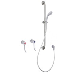 CliniLever® Chrome Plated Brass Hospital Shower Set 150 J/V w/ Medi Hand Shower & 900 Stainless Steel Grab Rail