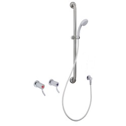CliniLever® Chrome Plated Brass Hospital Shower Set 80 J/V w/ Medi Hand Shower & 900 Stainless Steel Grab Rail